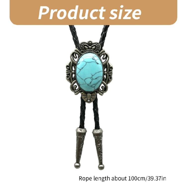Western Cowboy Vintage Metal Flower Crown Stone Pendant Bolo Tie Braided Leather Rope Necktie Necklace Jewelry Neckwear