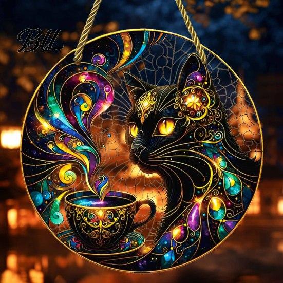Moon Cat Wall Hanging Halloween Window Decor, Mystical Black Round Sign Cute Accessory for Indoor Outdoor Art, Gothic Home Porch Door Ornament
