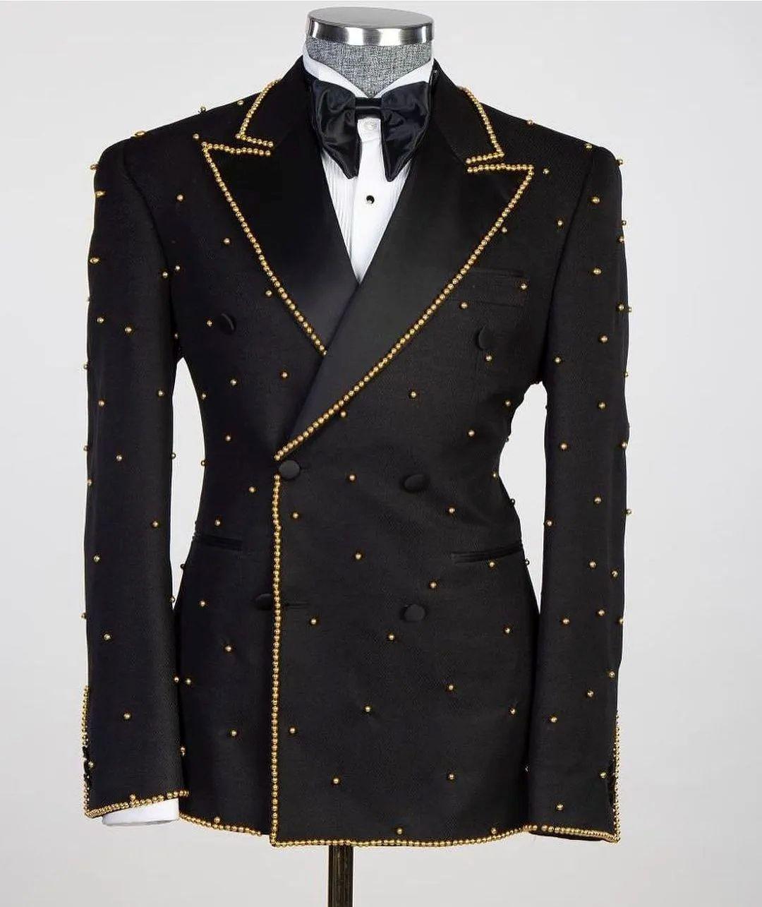 

Gold Pearls Men Suit Attire For Wedding Double Breasted Jacket Pants 2 Piece Set Groom Tuxedos Customized Banquet Prom Blazers 5XL чорний