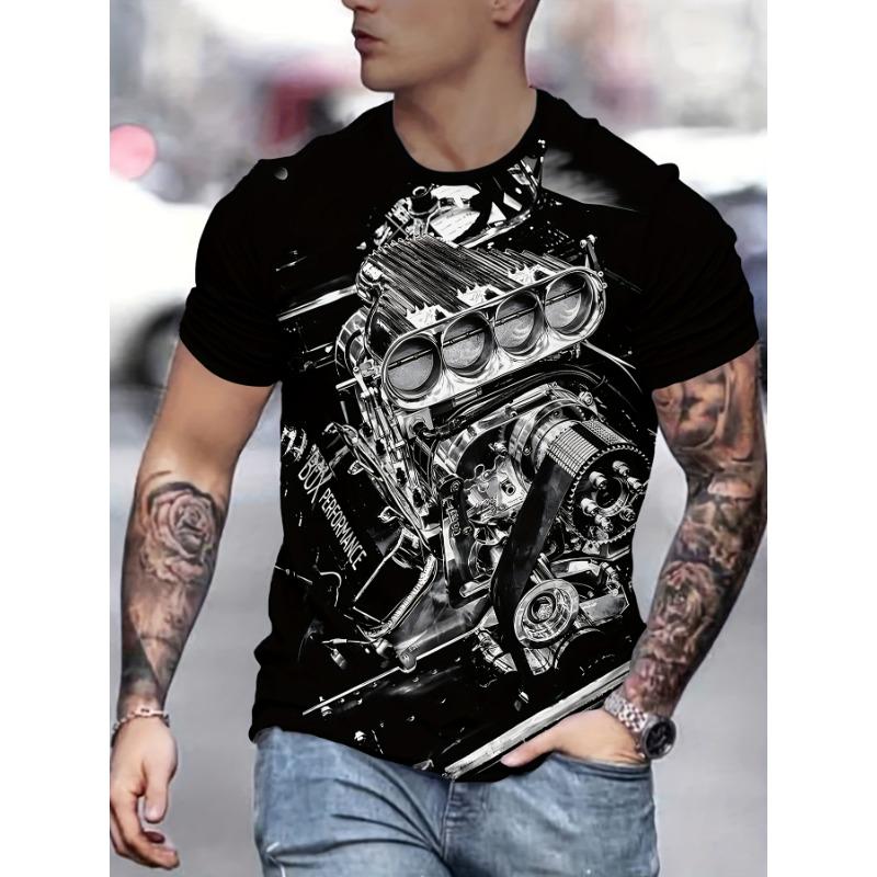 Men's V8 Engine Mechanical 3D Printed T-Shirt Casual Short Sleeve Crewneck Top Cool Motor Car Parts Graphic Tee Hip Hop Streetwear Summer Clothing