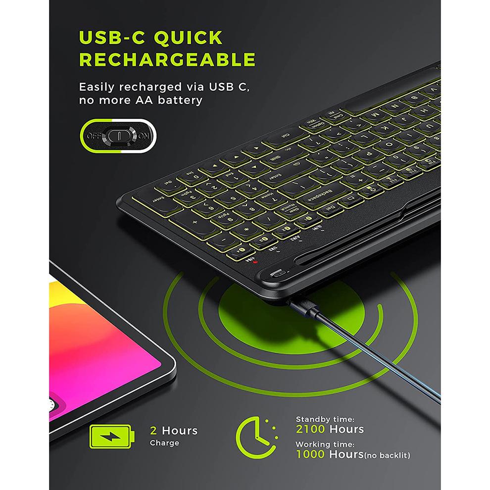 Jomaa 7 Colors Backlit Bluetooth Keyboard with Slot Card Rechargeable Wireless Keyboard Bluetooth Multi for Laptop Tablet Quiet