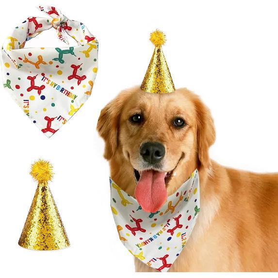 Dog Birthday Hat and Bandana for Boy/Girl Pet Party Supplies - Scarf for Small, Medium, Large Dogs (Gold)