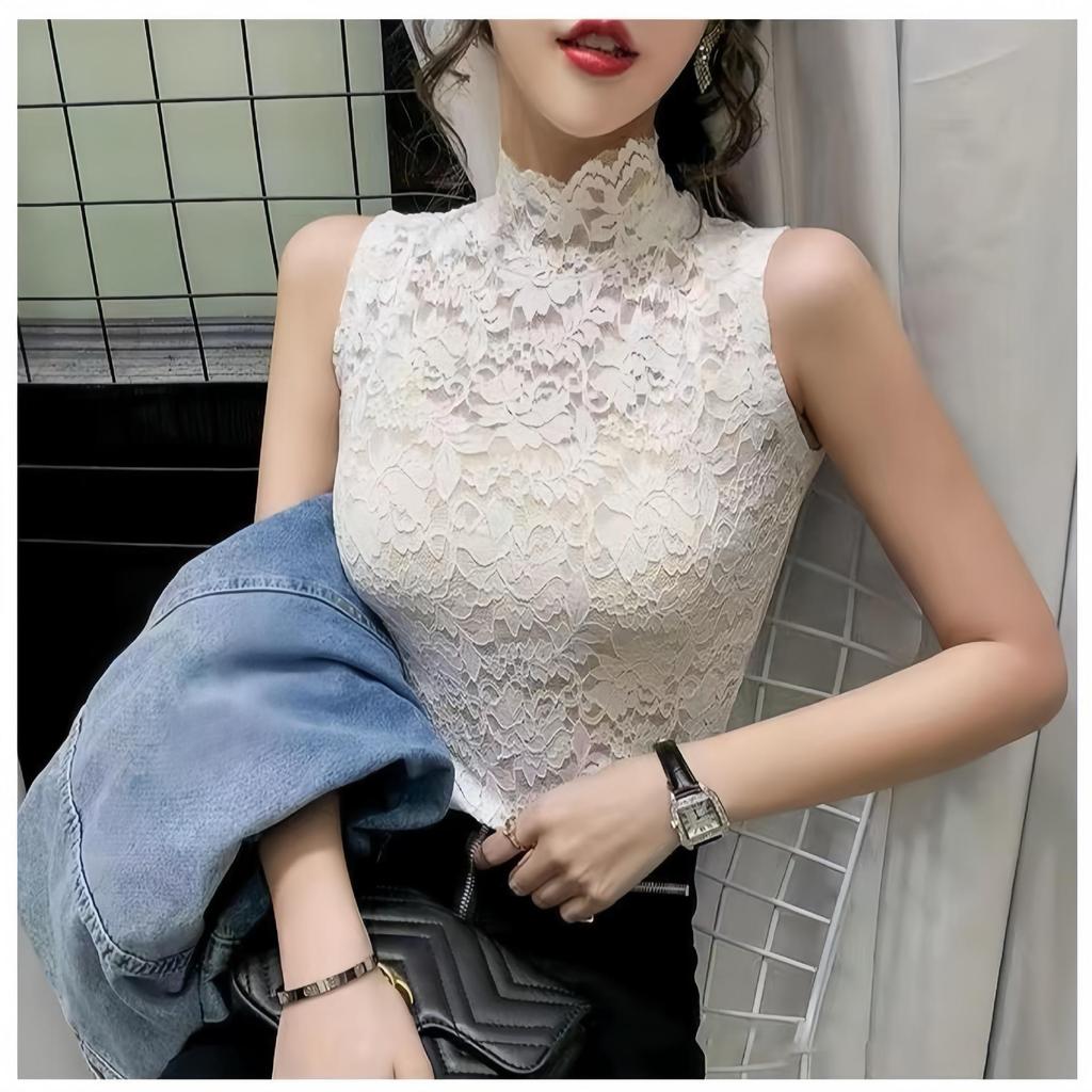 Women's Sleeveless High Collar Lace Shirt with Faux Collar