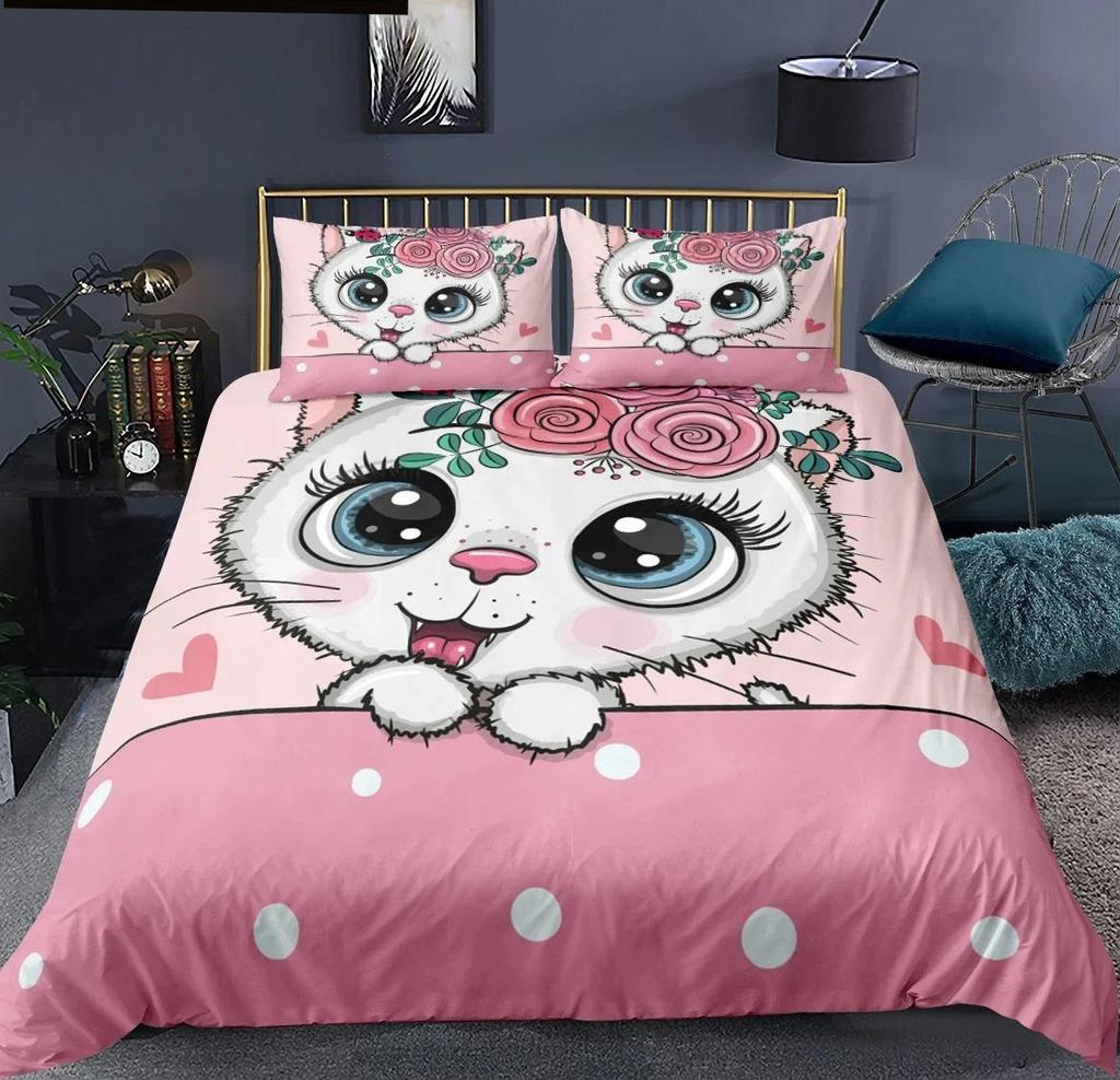 Cartoon Cute Cat Down Duvet Cover 3 Piece Set Single-Sided Printing Bedding Set Comfortable Quilt Cover With 2 Pillowcases