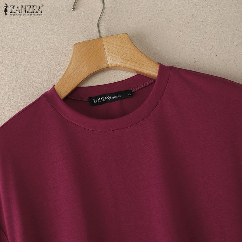 ZANZEA Womens Round Neck Patchwork Short Sleeve Irregular Hem Casual T-Shirts