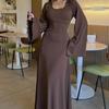 Women's Solid Color Stripe U-neck Long Sleeve Lace-up Dress