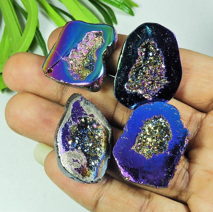 30-33 MM Rainbow Titanium Aura Agate Druzy Fancy Loose Gemstone 4Pcs Lot SY-108