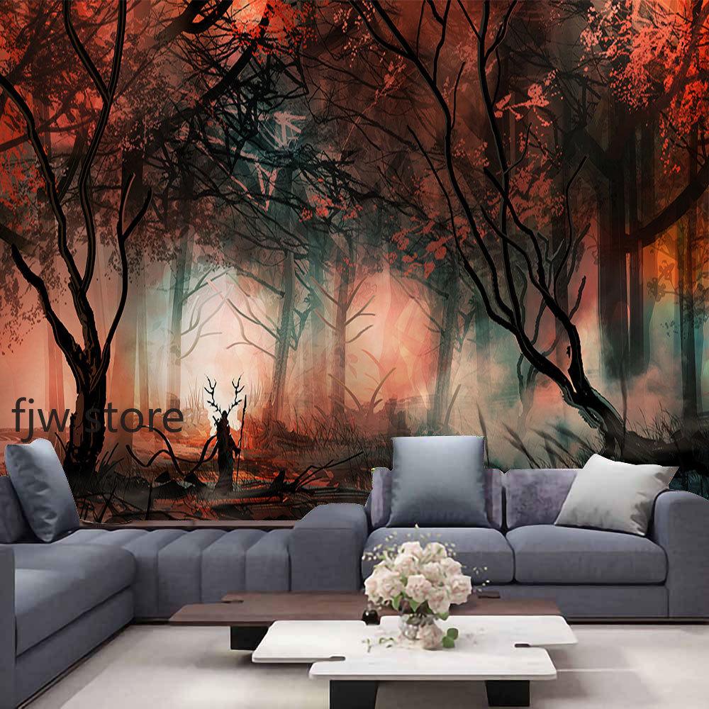 Home Decor Forest Night Ceiling Forest Tapestry Wall Hanging Psychedelic Tree and Moon Fabric Tapestry Tapiz