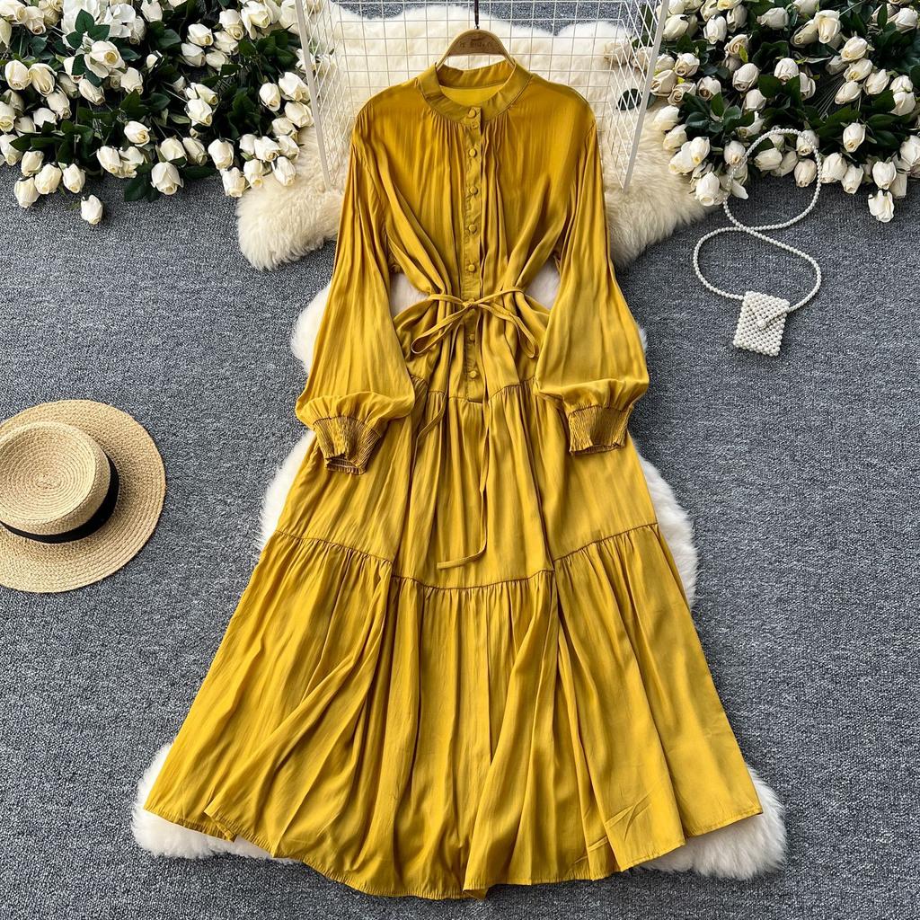 French retro elegant dress women's design sense single-breasted buckle loose waist straps show thin temperament knee-length dress