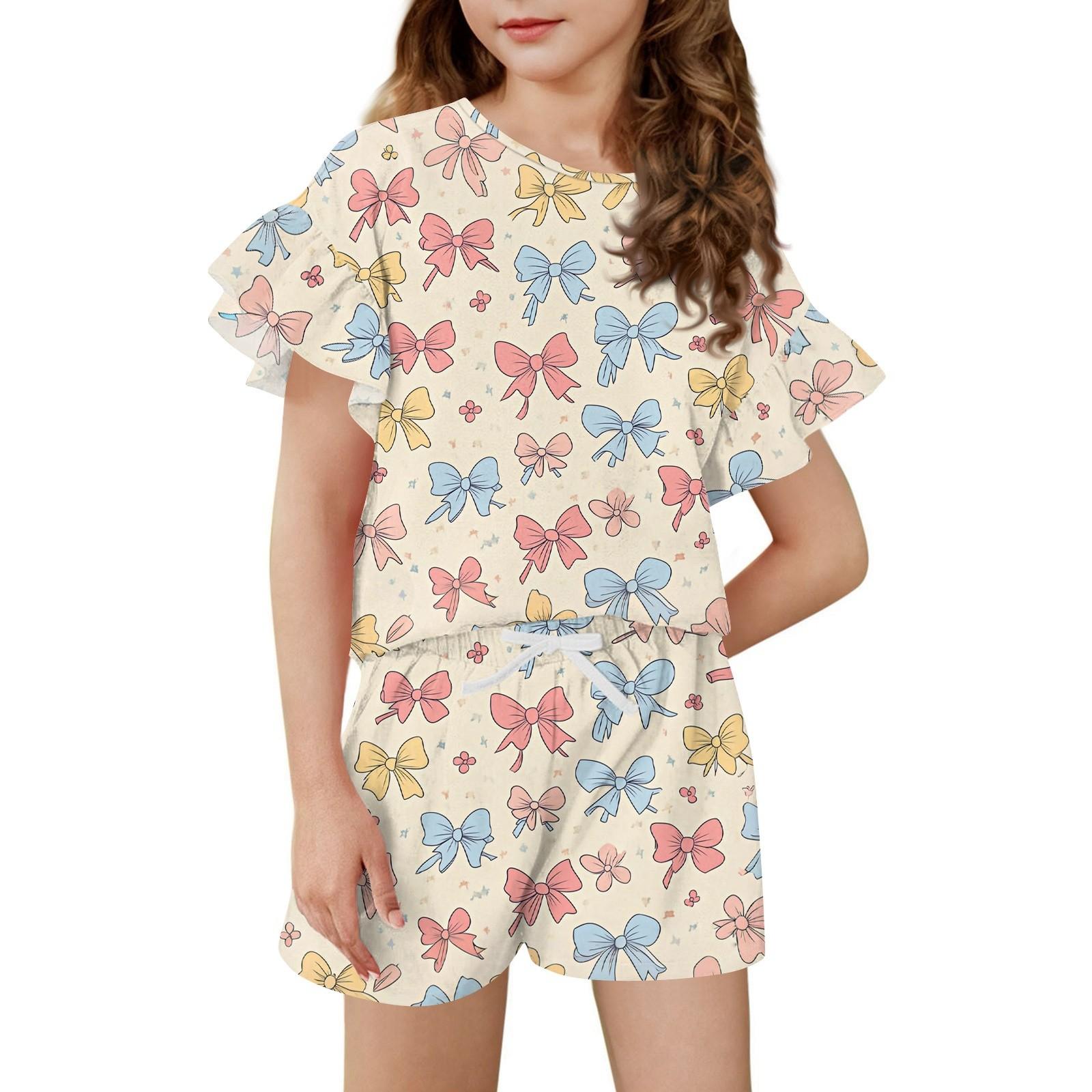 Girls  Summer Outfit Ruffle Sleeve Top And Shorts Clothing Set Lightweight Casual Two Piece 120 бежевый