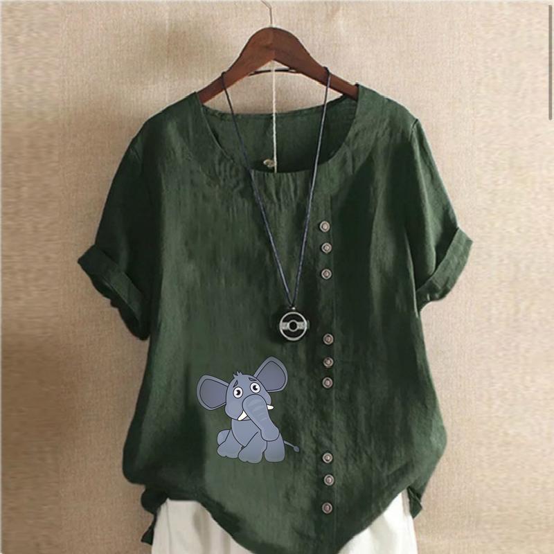 Women's Fashion Elephant Prined Round Neck Short Sleeve T-shirt Casual Cotton Linen Graphic Shirt Leisure Loose Summer Blouse Tops