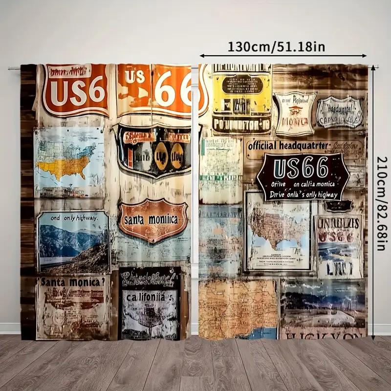 2pcs Retro US Route 66 Sign Printed Curtains, Designed for Light Filtering, Quality Material, Ideal for Vintage Style Home Windo