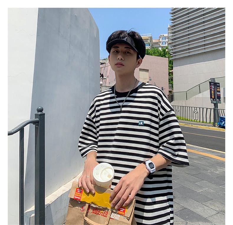 Men's Striped High Street Loose Fit T-Shirt - Trendy Summer Hong Kong Style for Couples and Students