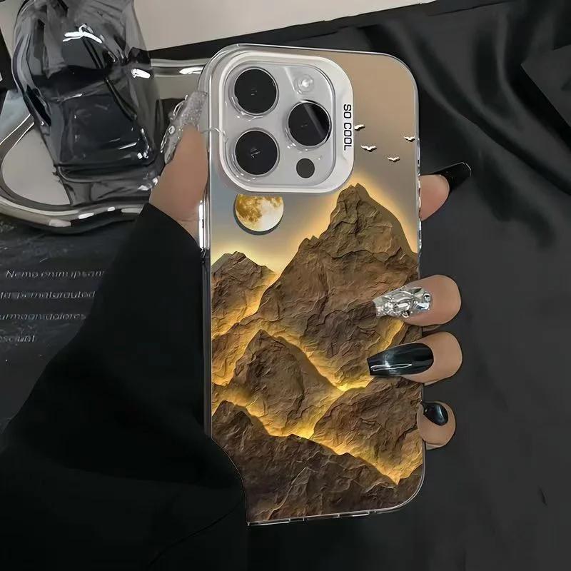 Lucky Golden Mountain Electroplate Silver IMD Case for IPhone 16 15 14 13 12 11 Pro Max XS XR X SE 2 3 7 8 Plus Matte Hard Cover