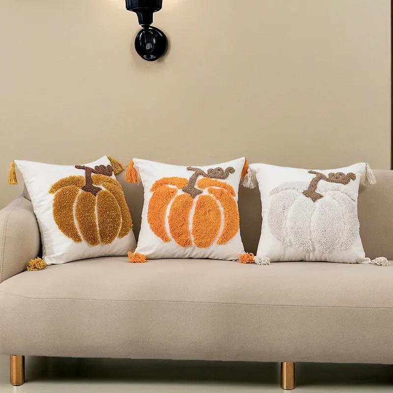 Halloween Charms Decorative Sofa Cushion Covers Halloween Fabric Couch Pillow Covers Embroidered Yellow Pillowcase