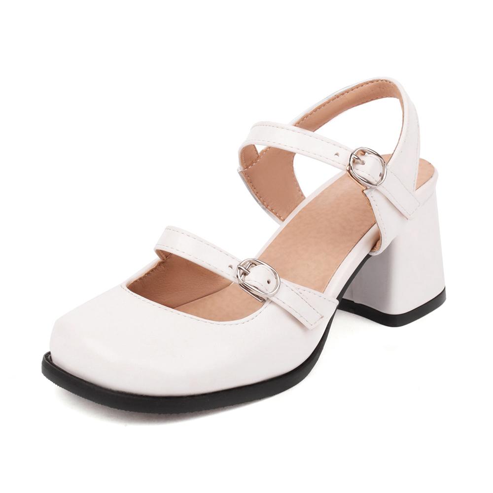 Zapatos Mary Jane Azules Blancos de Moda para Mujer Sandalias Vintage de Punta Redonda con Hebilla Banda Bombas Casuales para Mujer Tacones Altos Bajos Mocasines