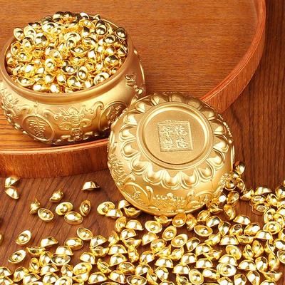 Treasure Pot Ornament: Solid Brass Wealth Pot with Sand Gold Ingot, Five Blessings Design.