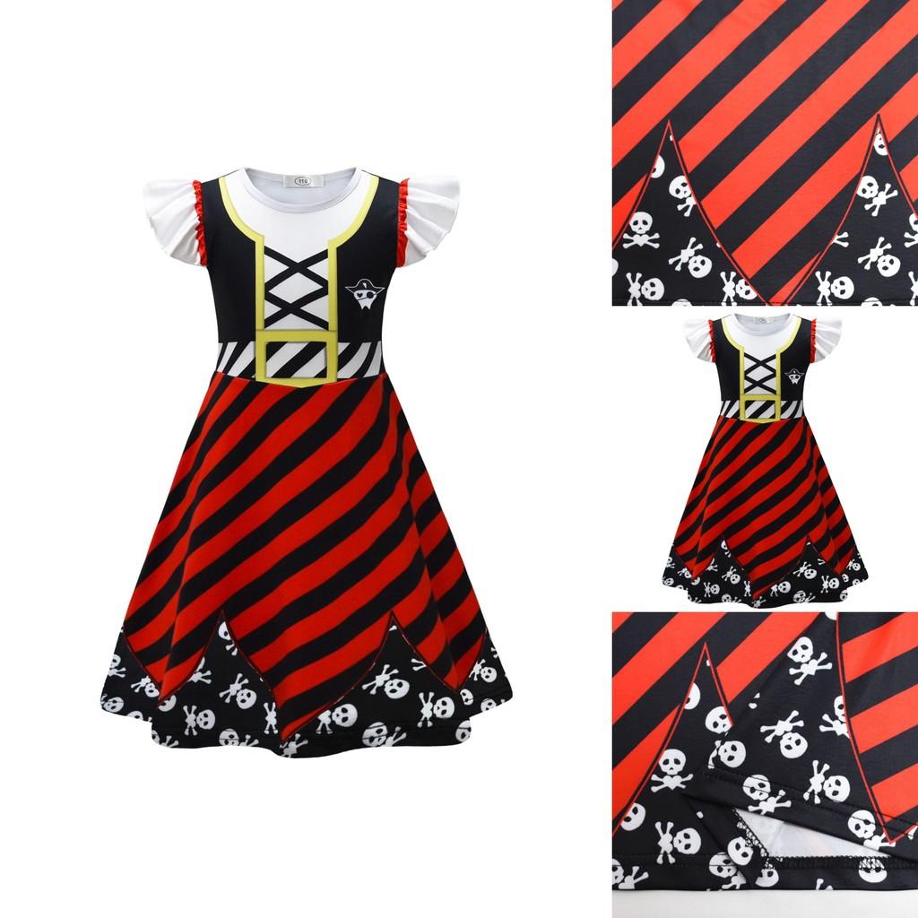 Skull Print Halloween Girls Dress With Ruffle Hem And Printed Fabric For Kids Age 3 To 8