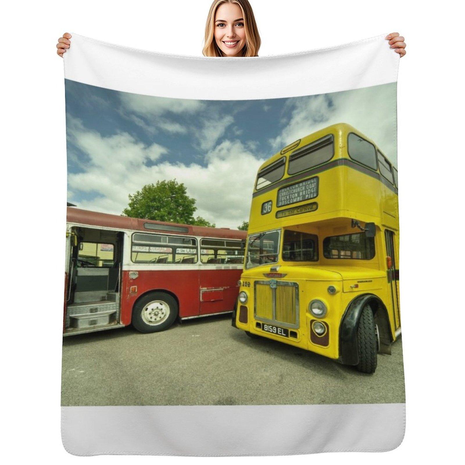 Red Bus Yellow Bus Throw Blanket Stain Resistant Cozy Warm Blanket 75x100cm