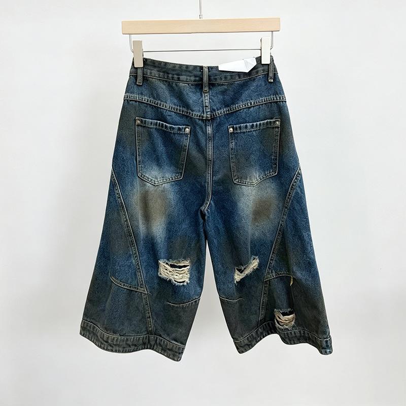 Europäische Station Sommer Neu Amerikanisch Retro Gewaschen Alt Zerrissen Jeans Locker Weite Beine Cropped Hosen Trend