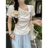 Design Straps Sweet Short-sleeved T-shirt for Women's Spring and Summer New Products, and White Bottoming Shirt for Girls