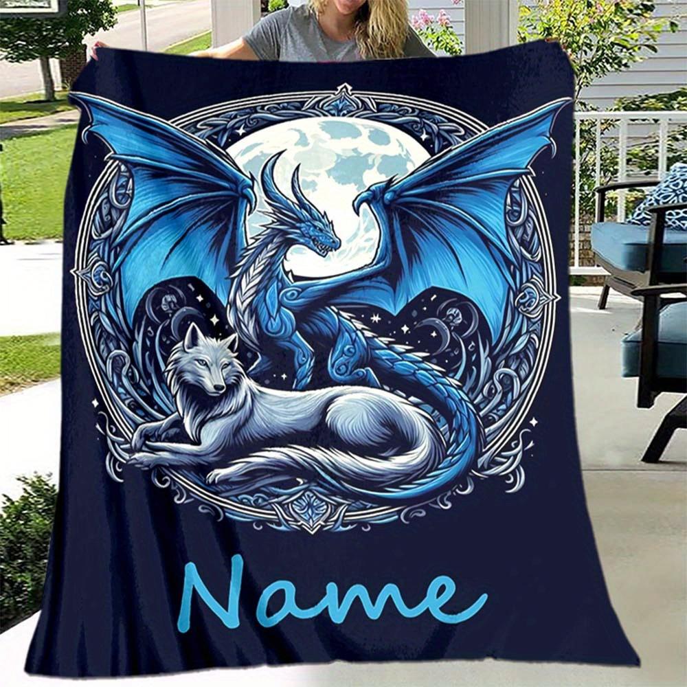 [Perfect Soft Fantasy Throw Blanket] Personalized Fantasy Wolf  Dragon Throw Blanket - Soft Polyester, Digital Print 130X150cm