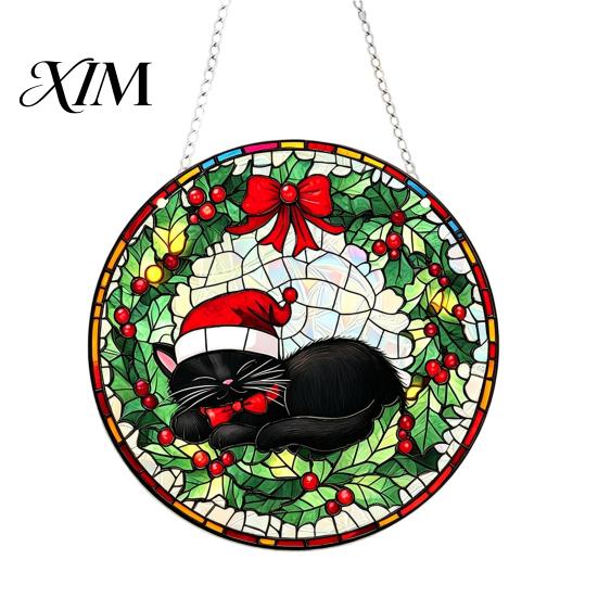 Christmas Porch Decorations 2D Acrylic Suncatcher, Stained Glass Style Black Cat Window Hanging, Colorful Holiday Ornaments Hanging Plaque with Chain