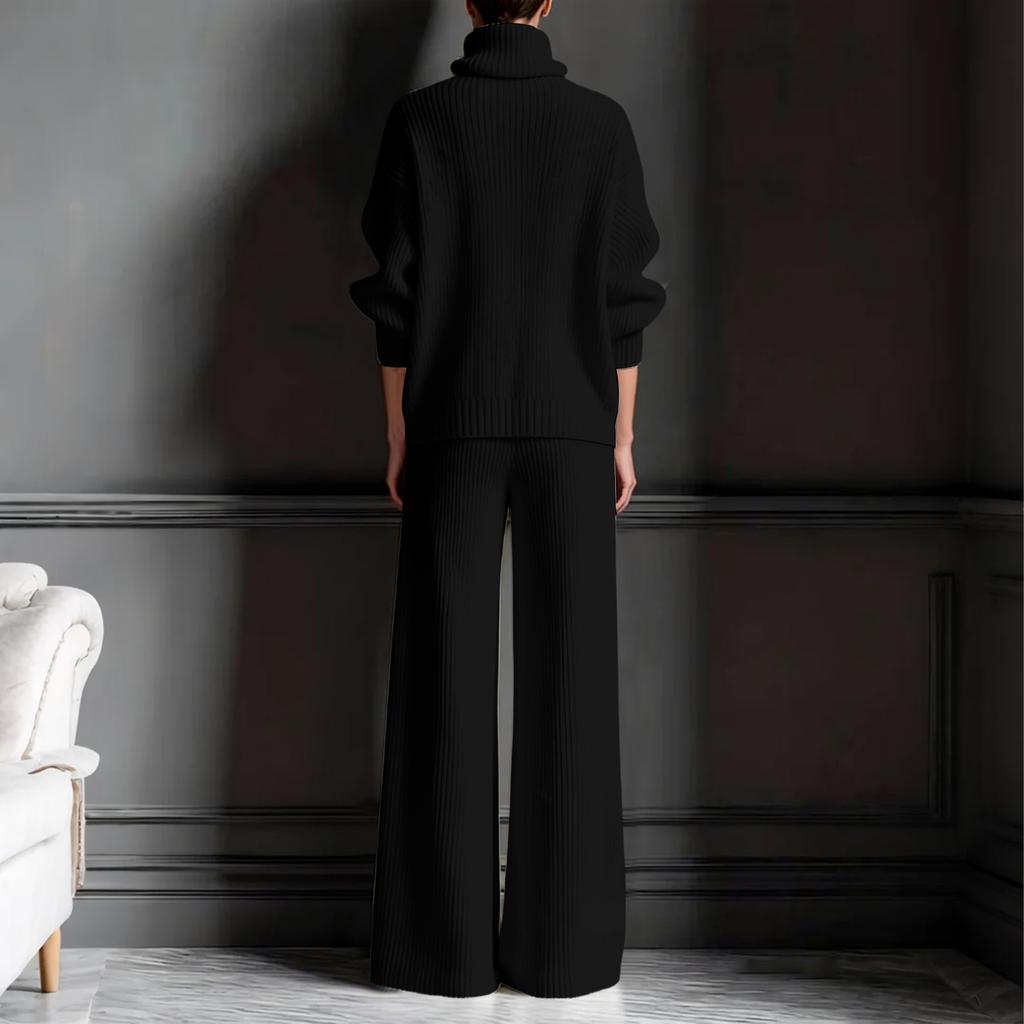 Damen Strickjacke mit hohem Kragen, einfarbig, langärmeliges Oberteil und Hose mit weitem Bein, Strick-Zweiteiler