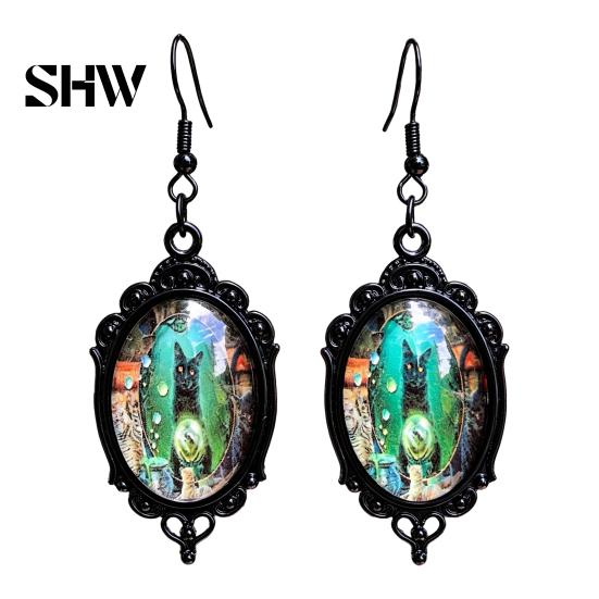 Versatile Dark Style Daily Wear Accessories 1 Pair Halloween Gothic Black Cat Earrings for Women, Vintage Jewelry with Skull Bat Patterns Punk Dangle