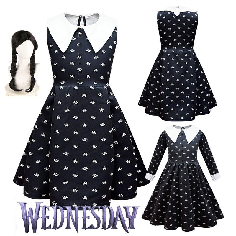 Wednesday Addams Dress Wig Cosplay Costume For Kid Girl Halloween Xmas Party
