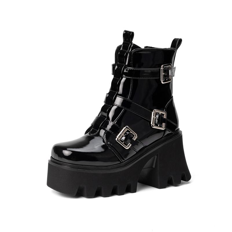 

ANNYMOLI, женские полусапожки из лакированной кожи, армейские ботинки с круглым носком и платформой, на толстом высоком каблуке с застежкой-молнией и пряжкой, зимняя женская обувь 43 34 чёрный