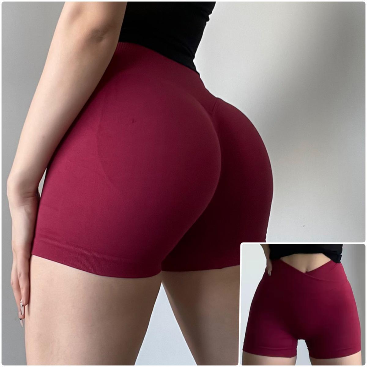 

European and American High-Waisted Hip-Lift Fitness Shorts for Yoga & Peach Hip Training Small вино красного