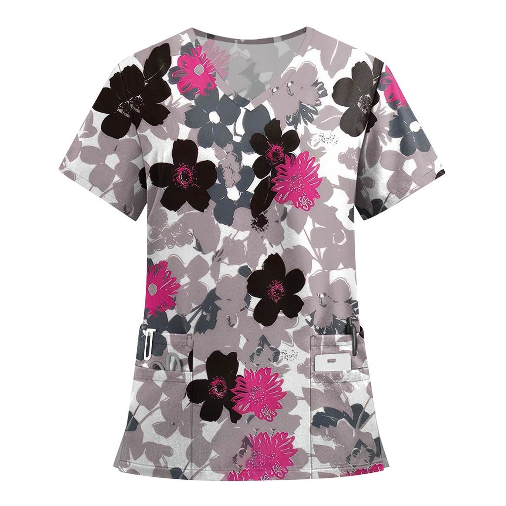 Women's Fashion Printed Short Sleeve V Neck Pattern Tops Pocket Working T-shirts