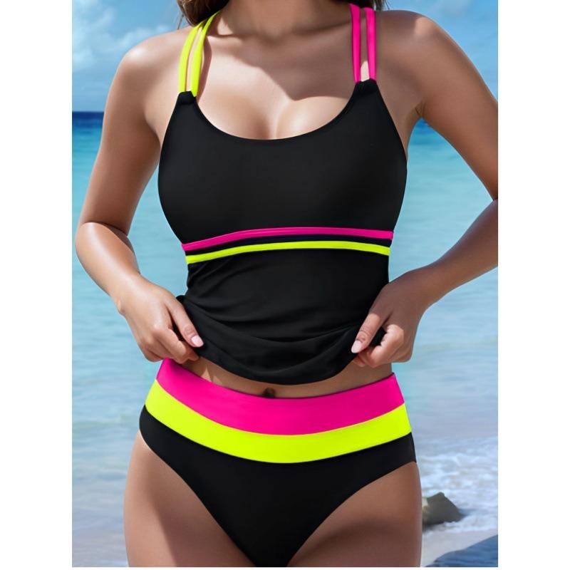 New Triangular Split High-waisted Swimsuit for Women European and American Backless Conservative Color-blocking Tankini
