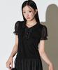Hellenepaliseu Dot Chiffon Puff Sleeve Collared T-Shirt [Black]