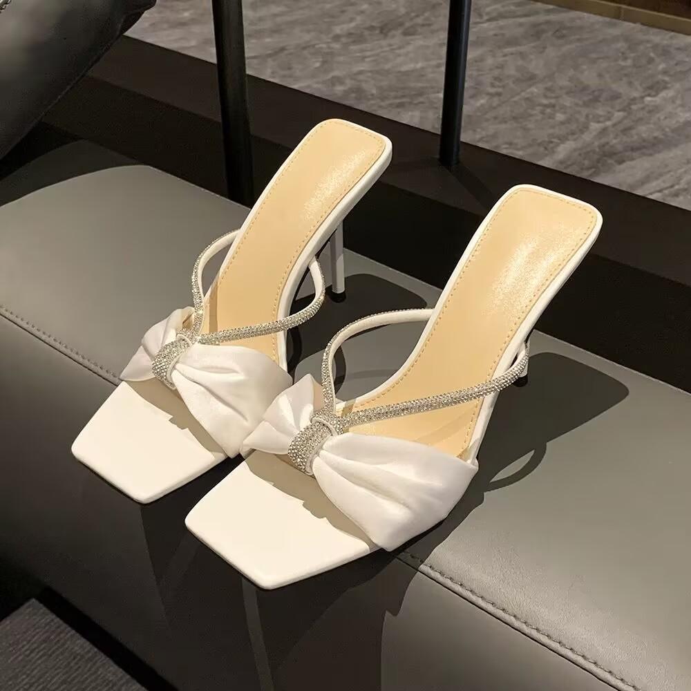 

Fashion Summer Stiletto Sandals Women Fashion Square Head Shallow Mouth Open Toe Crystal Set Foot Slip-resistant Wear Slippers 42 белый