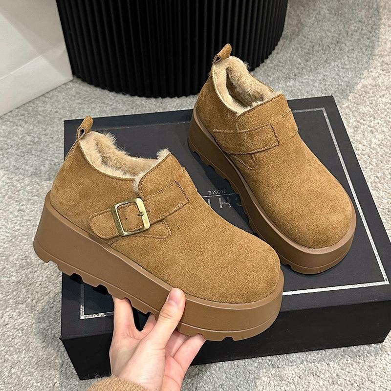 Leather muffin thick-soled heightened women's autumn and winter new snow boots plush cotton shoes