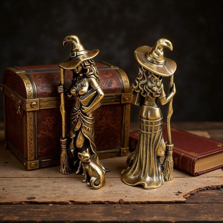 Witch Figurine with Broom Desktop Copper Plated Ornament Craft