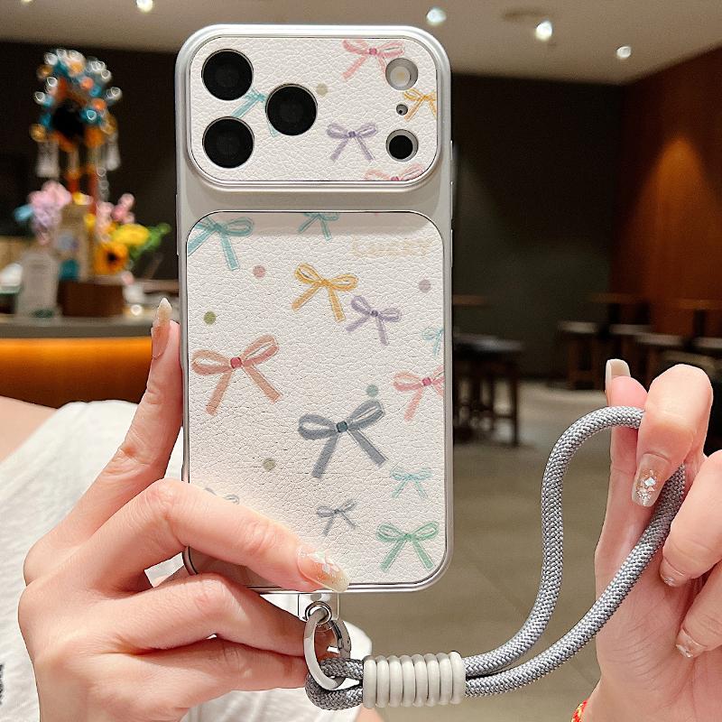 Pink Bowknots Floral Leather Lanyard Case For iPhone 18 Pro Max 17 16 15 14 13 Pro Max Luxury Hybrid TPU+PU Anti-skid Soft Phone Cover