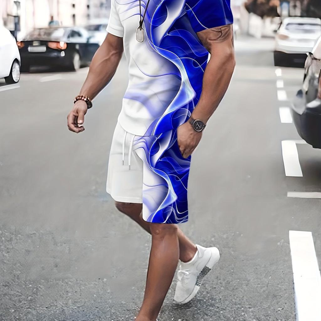 Plus Size Men's Contrast Color Stripes Pattern Graphic Print T-shirt & Shorts Co Ord Set For Summer, Trendy Casual 2Pcs Outfits