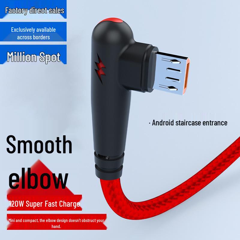 120W Fast Charging Elbow Data Cable for Android Devices - Compatible with Huawei, Vivo, Oppo, Meizu, and Redmi 6A