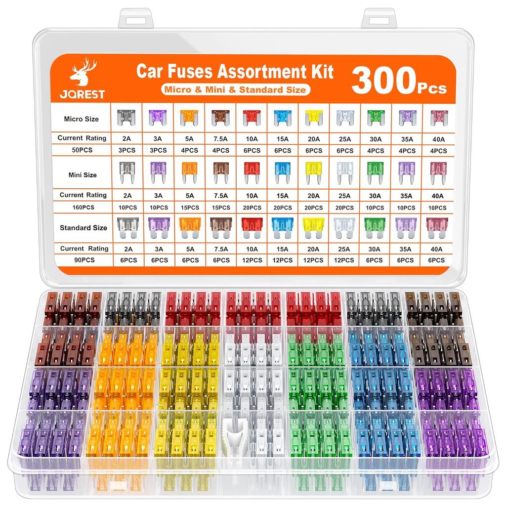 JOREST 300Pcs Car Fuse Assortment Kit, 160 Mini Blade Fuses Automotive + 90 Standard Auto Fuses + 50 Micro + Puller – Replacement for RV Camper
