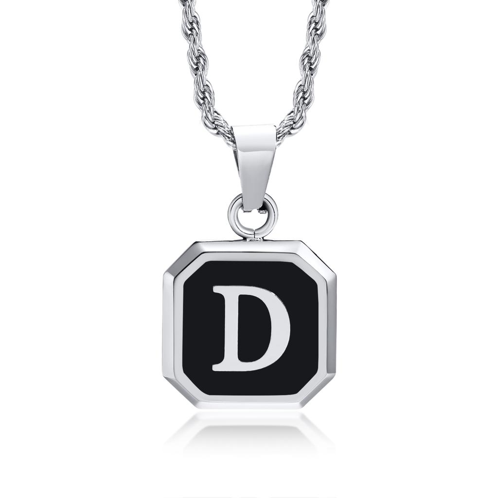 Initials Necklaces for Men Women,A-Z 26 Letters Black Square Stainless Steel Pendant Collar,45-60CM Twisted Rope Chain Gifts