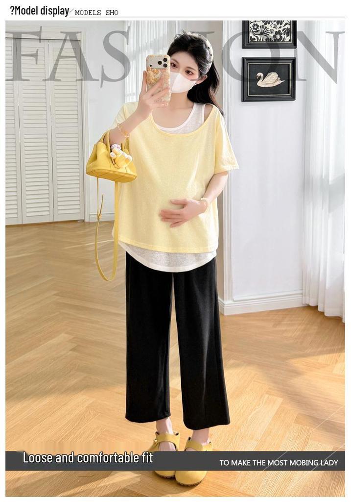 2026 Spring/Summer Plus Size Maternity Patchwork Top - Short Sleeve Trendy Mom Fashion