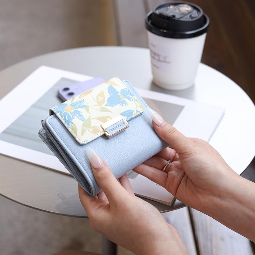 PU Leather  Loose Change Printed Buckle Folding Zipper Student Coin Card