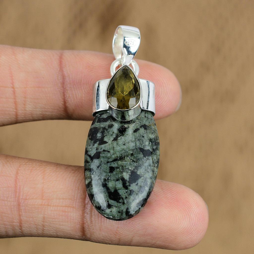 Wedding Gift For Her 925 Silver Natural Green Rice Jasper Gemstone Pendant