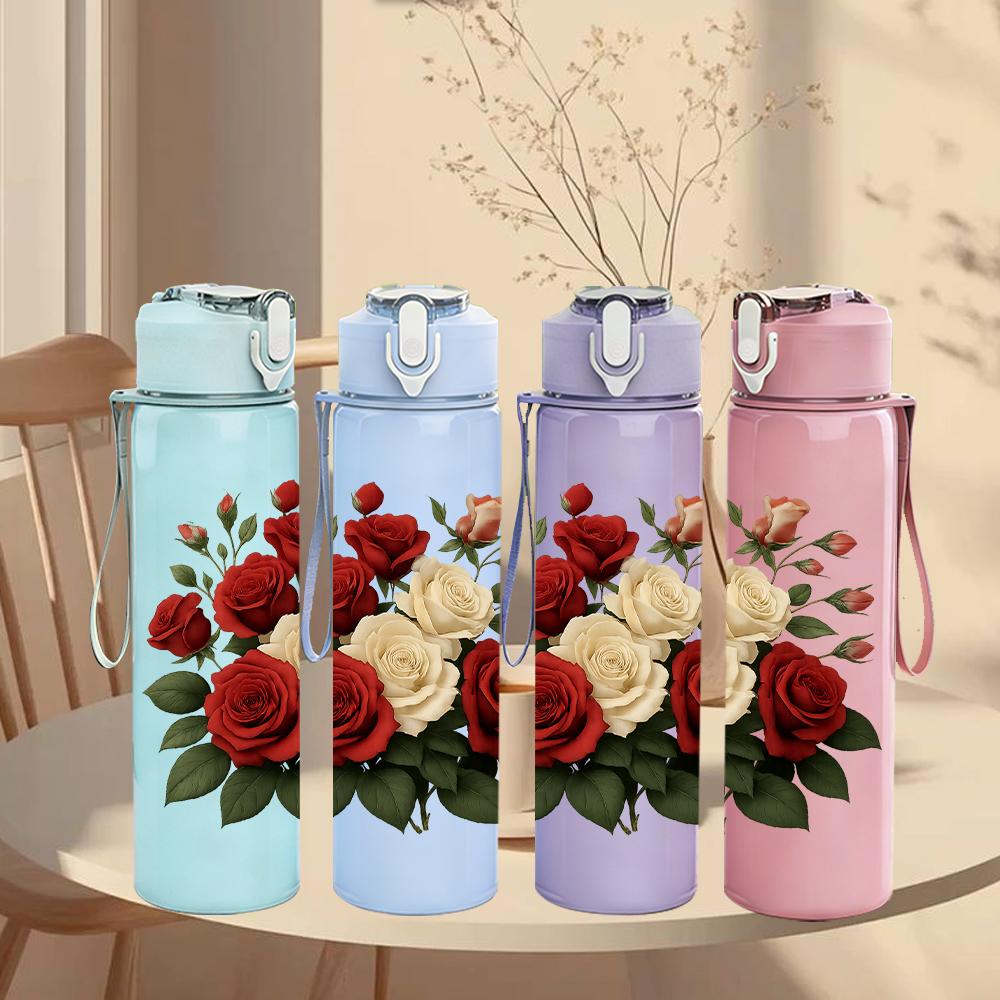 1PC Red White Rose Bouquet 750ml Color Plastic Sports Water Bottle Leakproof Flip Straw Lid For Sports Office Home Use