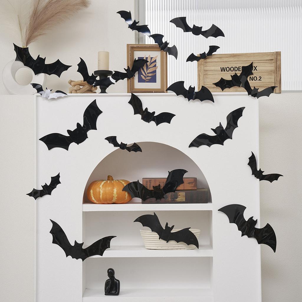 24pcs 3D Bat Halloween Wall Stickers Luminous Glowing Decals Horror Scene Party Decor Spooky Room Layout Removable Wall Art for Haunted House Atmosph