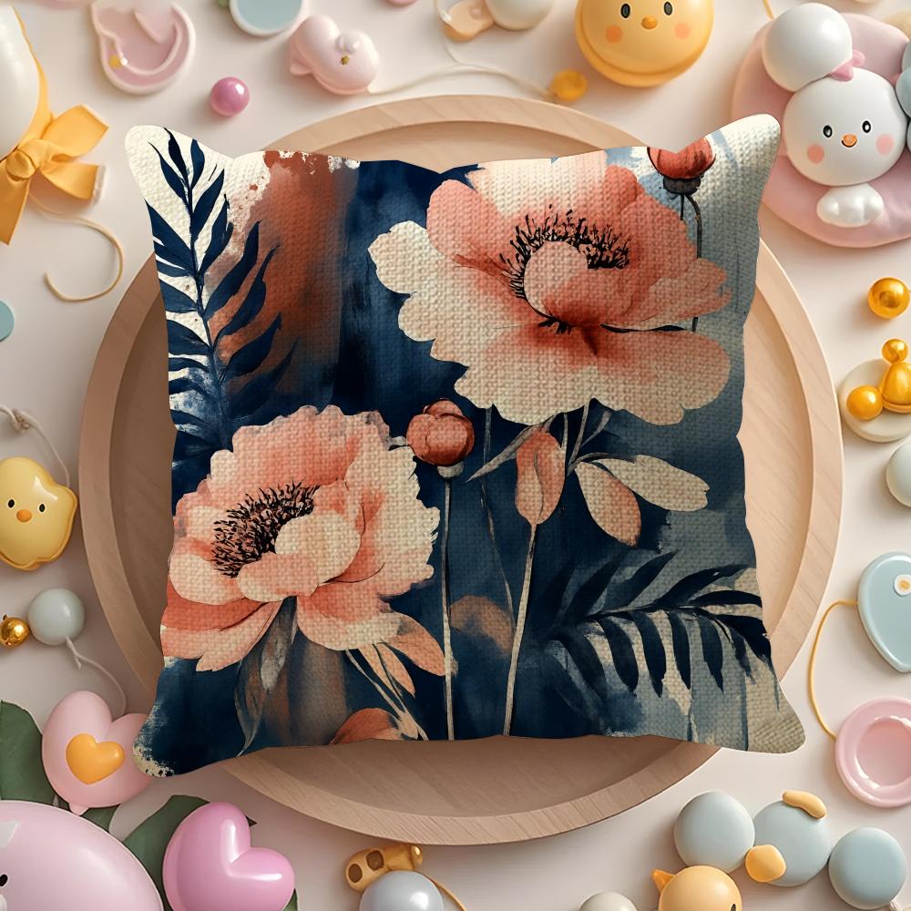 Large Flowers Painting Cushion Cover DoubleSided Printed Organic Linen Pillow Cover Decorative for Sofa Home