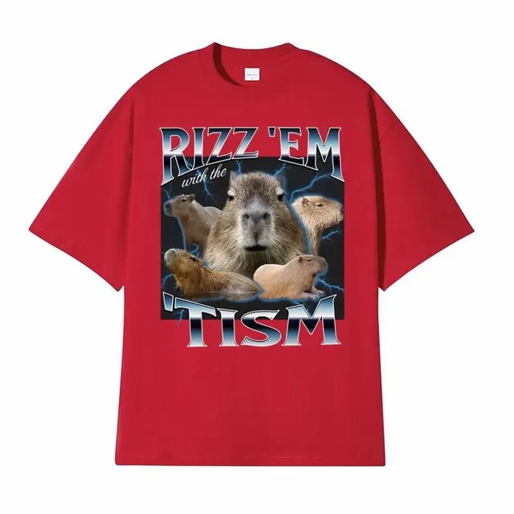 Rizz Em with The Tism Retro T Shirt Funny Cute Kawaii Capybara Meme T-shirt Men's Women Casual Fashion Humor Short Sleeve 82904